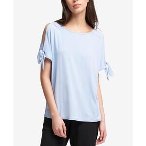 DKNY Womens Cold Shoulder Boat Neck Pullover Top Blue L Size L